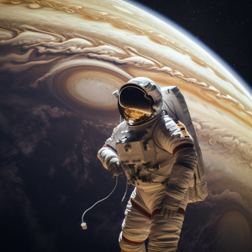Astronaut exploring near planet Jupiter