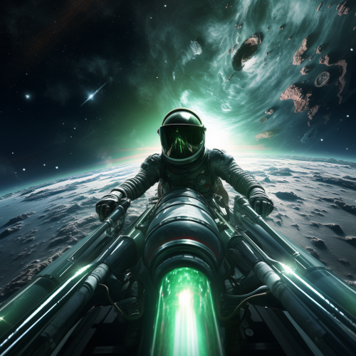 Astronaut piloting rocket in galaxy