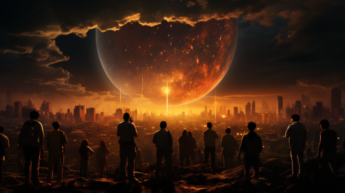 People in the streets gazing at the sky