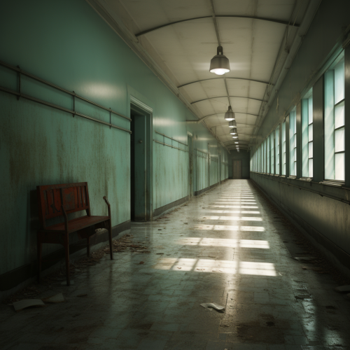 Abandoned asylum hallway with eerie atmosphere Abandoned asylum hallway with eerie atmosphere