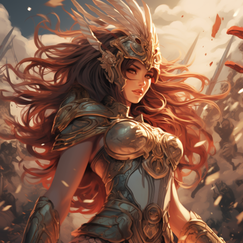 Athena slaying Ares in anime style