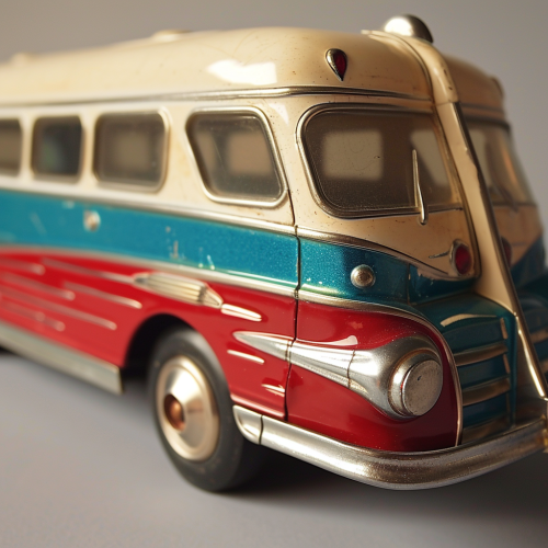 Colorful atomic age toy passenger bus profile