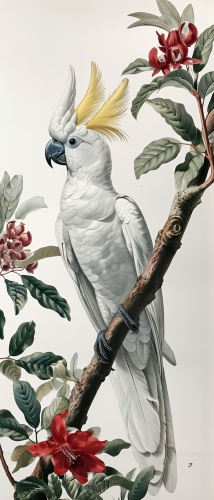 Cacatua Standing on Branch Botanical Illustration