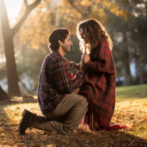 Happy couple embracing during autumn engagement proposal