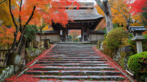 Autumn leaves on thatched roof Sanmon gate