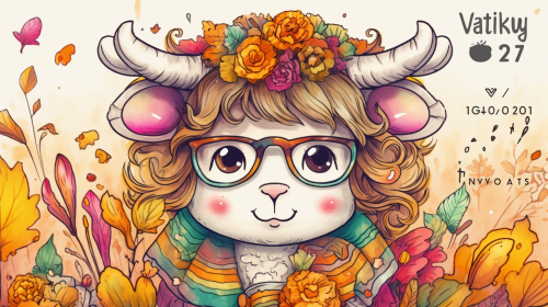 Colorful autumn watercolor with cute Highlandcow wearing glasses