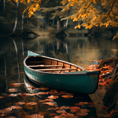 Colored leaves and green canoe in autumn scenery
