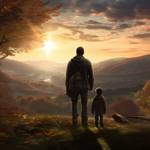 Father and son walking in autumn woods Father and son walking in autumn woods