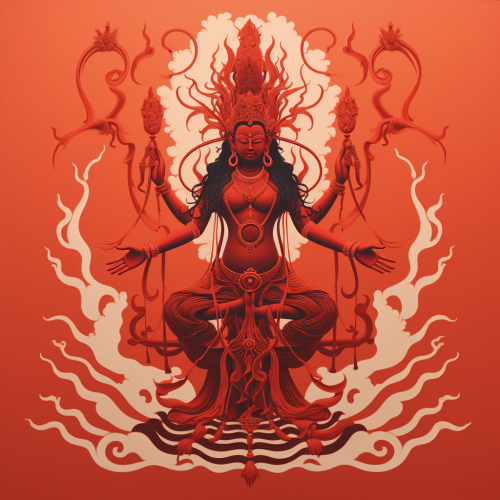 Simplified depiction of Avalokiteshvara Bodhisattva in cinnabar-line style