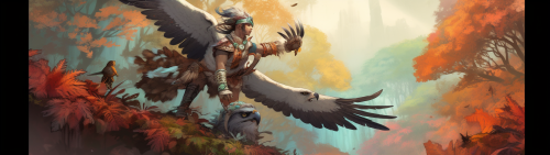 Aztec warrior battling white feathered raptor in forest