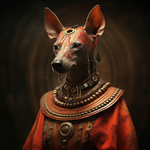 Orange-clad Aztec Goddess with Xoloitzcuintle