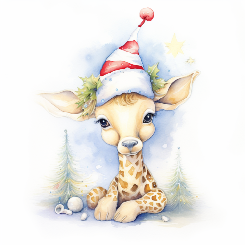 Adorable baby giraffe in Christmas hat