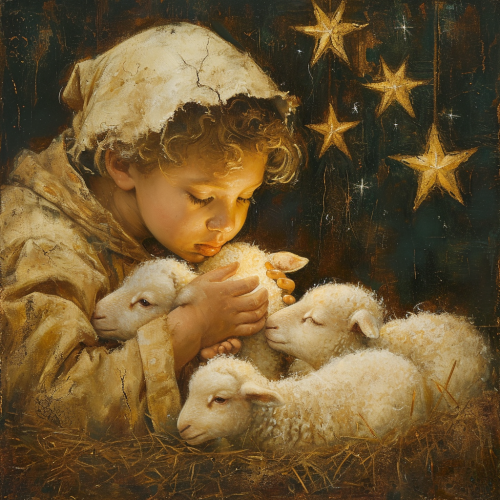 Baby Jesus in the Stable with Lambs