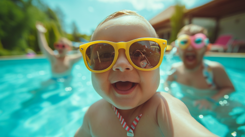 Baby with sunglasses taking pool selfie