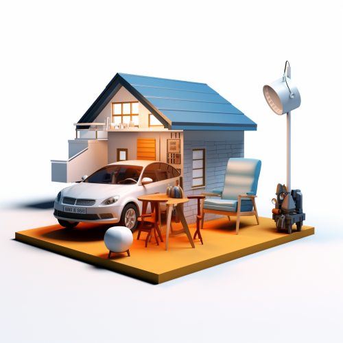 3D furniture and accessories on white background