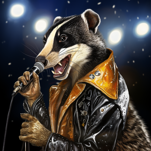 Realistic cartoon-style badger Elvis Presley impersonator in concert