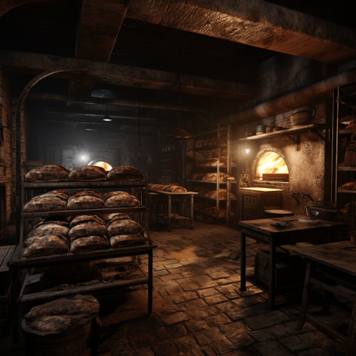 Old furniture stored inside a bakery with a furnace