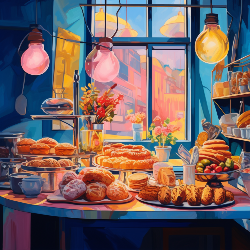 Colorful bakery kitchen with romantic lamp, bread, and cake