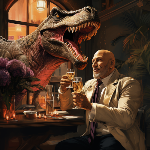 Bald man with T-Rex dinosaur in wine bar