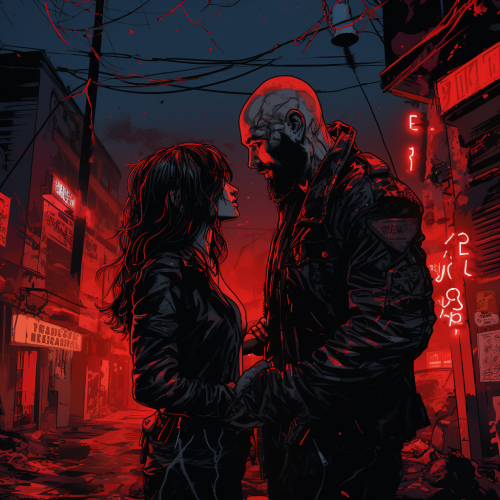 Bald man with long beard in burning city