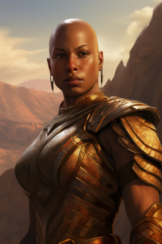 Muscular bald warrior woman from Themyscira
