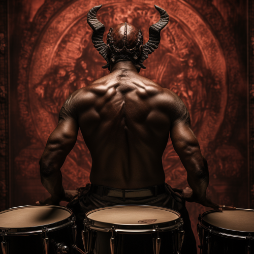 Bald male playing drums with demon in background Bald male playing drums with demon in background