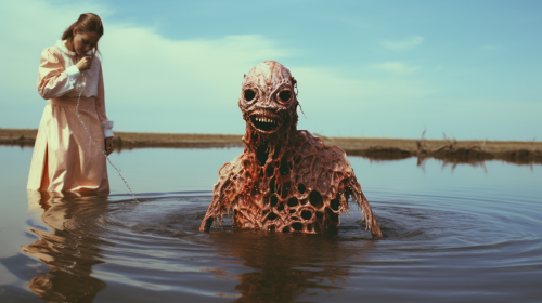 Creepy costume in surreal baptism scene