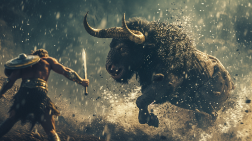 Barbarian warrior fighting minotaur in epic battle