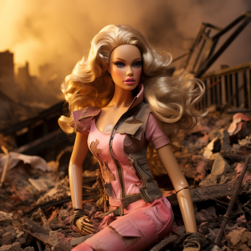 Barbie amidst ruins and smoke