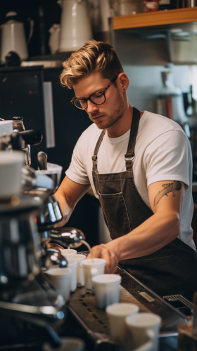 Skilled barista making lattes and cappuccinos