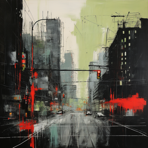 Basquiat-inspired cityscape with muted grey, green, and red tones Basquiat-inspired cityscape with muted grey, green, and red tones