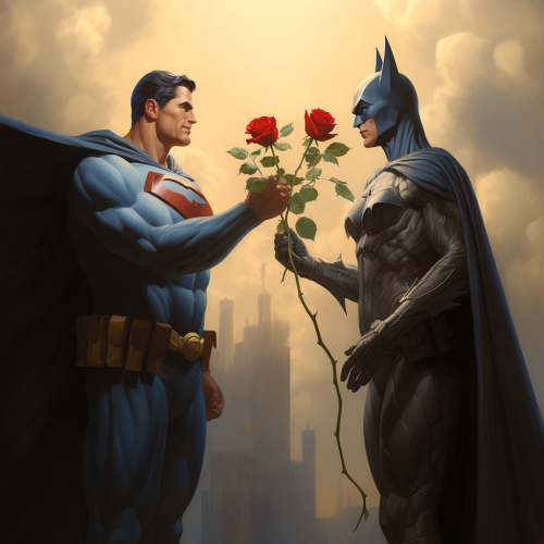 Batman giving rose to flying Superman