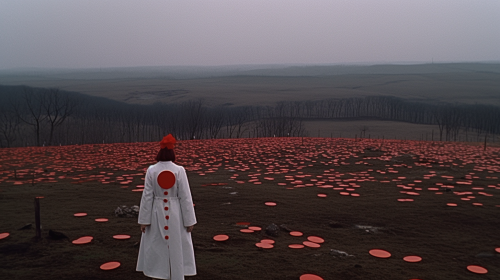 Haunting image of battlefield with white circle markers