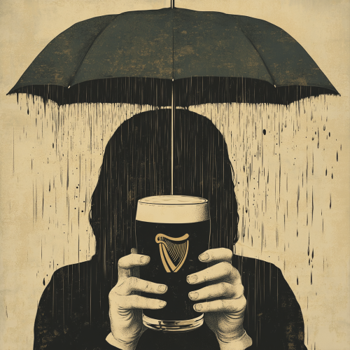 Person holding Guinness under umbrella in rain