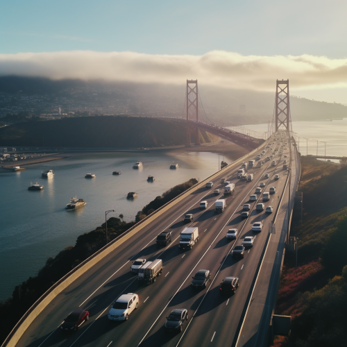 Cinematic drone shot of cars driving towards San Francisco