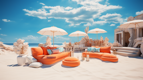 Beach hotel rooftop with sand, bean bag, umbrella, and bar