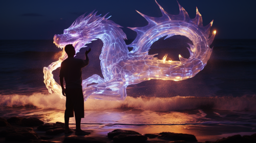 Glowing water dragon on beach at night Glowing water dragon on beach at night