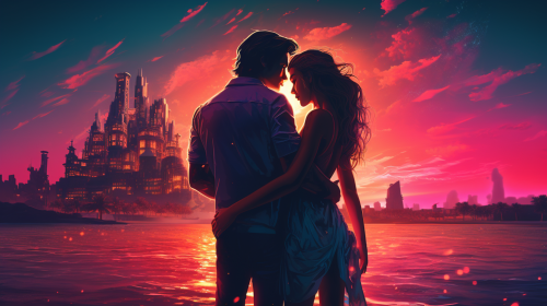 Couple Embracing on Beach with Epic Castle