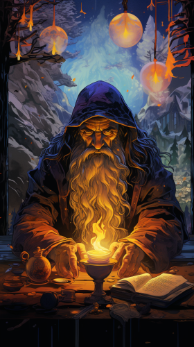 Illustration of a bearded wizard in a potion hut Illustration of a bearded wizard in a potion hut
