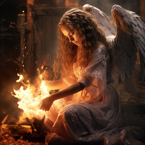 Angel enjoying fire's warmth