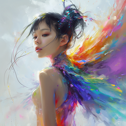 Asian girl with colorful crystal dress and smoke wings