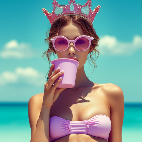 Beautiful brunette woman model sipping cocktail on the beach