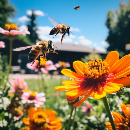 Two bees flying in a stunning flower garden
