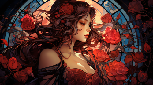 Beautiful girl surrounded by nightingales and roses