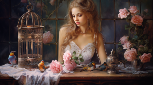 Young girl with nightingale and roses