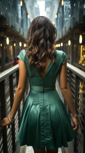 Beautiful girl in green dress walking into skyscraper Beautiful girl in green dress walking into skyscraper