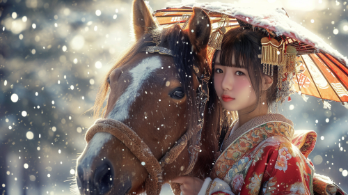 Horse Japanese Girl Folk Outfit