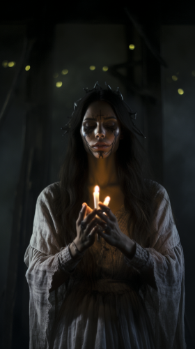 Beautiful pagan woman worshipping under moonlight