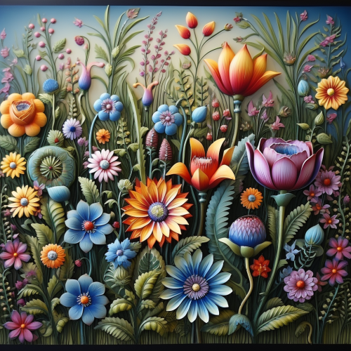 Detailed garden painting with beautiful spring flowers
