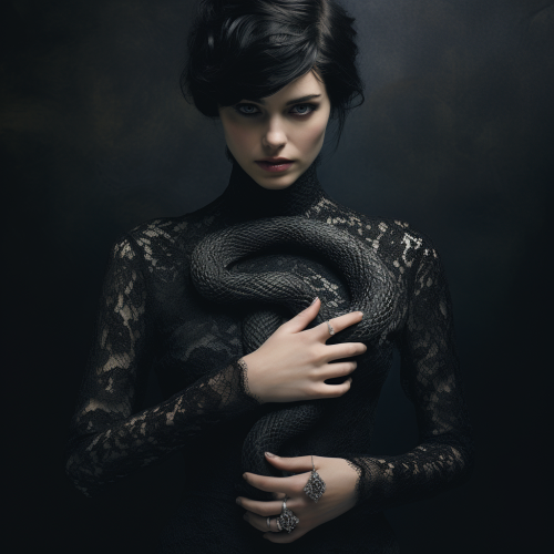 Stunning woman with black snake and detailed dress